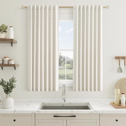 Guken 100% Blackout Cream Linen Curtains 52 Inch Wide by 56 Inch 2 Panels Set for Kitchen Small Windows Back Tab Thermal Insulated Black Out Linen Drapes Room Darkening Curtains