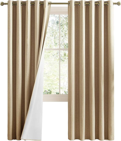 NICETOWN 100% Absolutely Blackout Linen Curtains with Thermal Insulated White Liner, Camel, 62" Wide, 2 Pieces, Privacy Vertical Window Drapes for Office Laundry Living Room Windows 84 inch Long