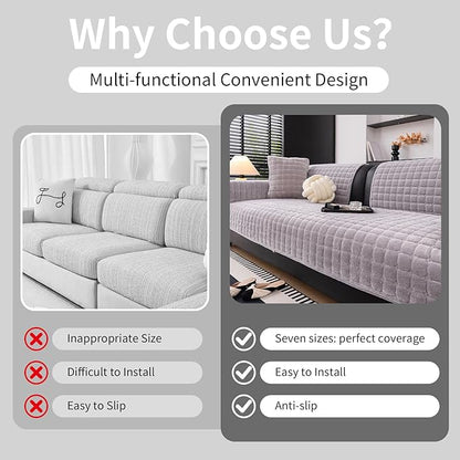 Velvet Couch Cover, Washable Sectional Sofa Cover, Anti Slip Sofa Slipcovers for 3 Cushion Couch Sofa L Shaped Recliner, Furniture Protector Covers for Pets Kids(Light Grey, Only 1 PCS)