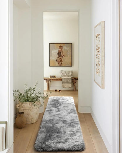 ONASAR 2x6 Runner Rugs for Bedroom Living Room, Fluffy Tie-Dyed Light Grey Bedside Hallway Throw Area Rug, Ultra Soft Plush Furry Floor Carpet Mat for Nursery Kids Dorm Closet Home Decor