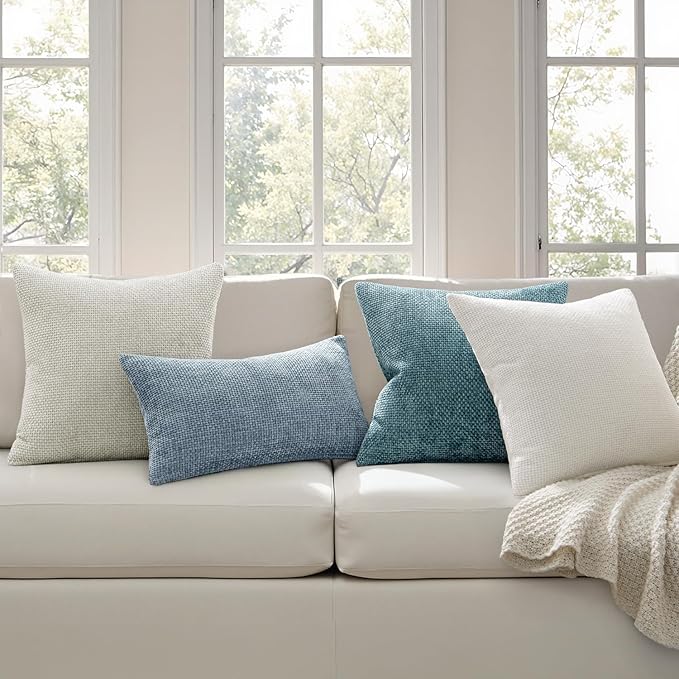 MIULEE Pack of 2 Couch Throw Pillow Covers 18x18 Inch Coastal Light Blue Modern Boho Accent Decorative Pillow Covers Soft Chenille Farmhouse Cushion Covers for Home Decor Bed Sofa Living Room
