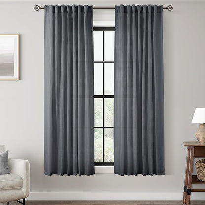 Dark Gray Curtains for Living Room Back Tab Modern Farmhouse Semi Sheer Gray Curtains 63 inches Long 2 Panels Set Muted Neutral Window Curtain for Dining Room Bedroom 52x63