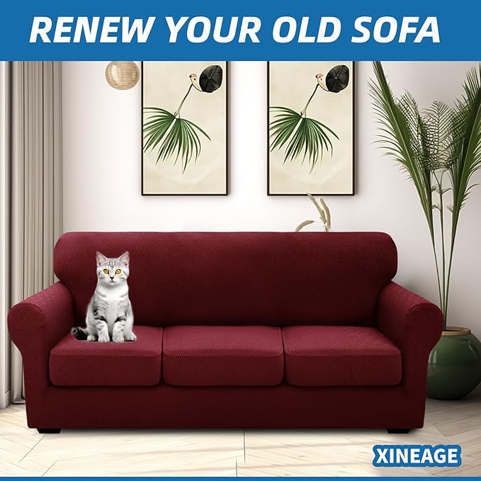 XINEAGE 2026 New 4 Pieces Couch Covers for 3 Cushion Couch Super Stretch Thick Soft Sofa Cover Anti Slip Sofa Slipcover Dogs Cats Furniture Protector (Wine Red, 71"-91")