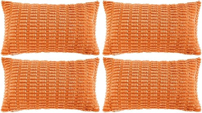 Fancy Homi 4 Packs Orange Fall Decorative Throw Pillow Covers 16x24 Inch for Couch Bed Sofa, Halloween Pumpkin Autumn Home Decor, Soft Cute Plush Corduroy Striped Cushion Case 40x60 CM