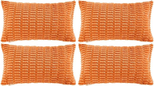 Fancy Homi 4 Packs Orange Fall Decorative Throw Pillow Covers 12x20 Inch for Couch Living Room Bed Sofa, Halloween Pumpkin Autumn Home Decor, Soft Cute Plush Corduroy Striped Cushion Case 30x50 CM