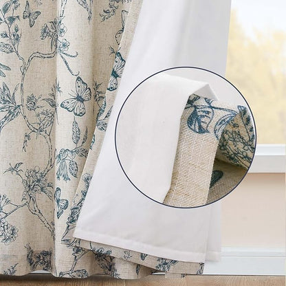 jinchan Floral Curtains Lined Linen Blend Curtain for Living Room 96 Inch Length Blue Flower Patterned Curtain French Country Farmhouse Curtains Drapes Back Tab Rod Pocket 2 Panels