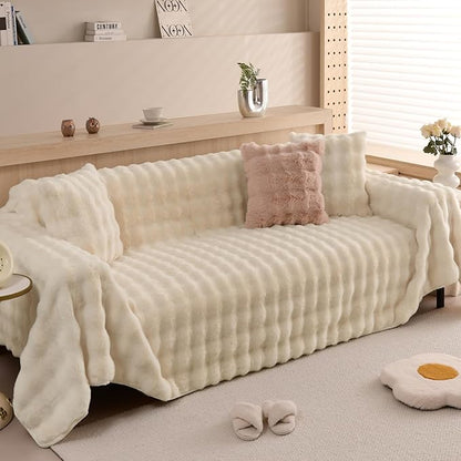 HANDONTIME Shaggy Couch Cover for Dogs Rabbit Plush Loveseat Cover Dog Couch Cover Protector Plush Faux Fur Couch Covers for Sectional Sofa Cozy Washable Sofa Covers for Living Room, 71" X134", Beige