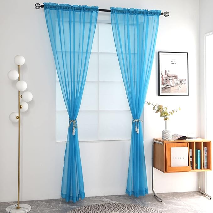 SpaceDresser Sheer Voile Window Treatment Rod Pocket Curtain Panels for Kitchen Bedroom Living Room Drapes Sunlight Filtering Privacy Semi Home Decor Assorted Colors Sizes (Cyan Blue, 52 W x 54 L)