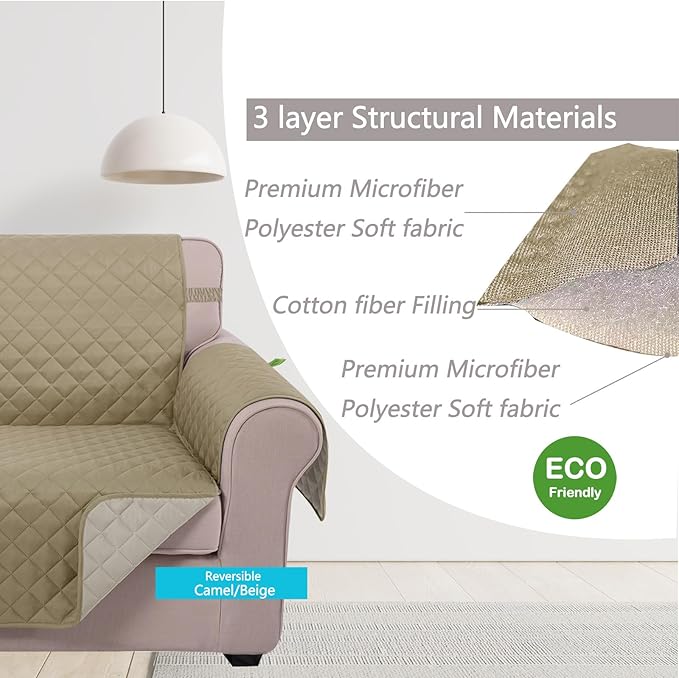 U-NICE HOME Loveseat Sofa Cover Reversible Couch Covers for 2 Cushion Couch for Dogs Furniture Protector Cover with Elastic Straps Water Resistant(Loveseat Small, Light Camel/Beige)