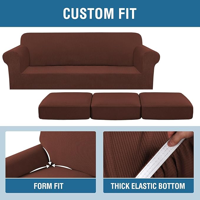 H.VERSAILTEX 4 Piece Stretch Sofa Covers for 3 Cushion Couch Covers for Living Room Furniture Slipcovers (Base Cover Plus 3 Seat Cushion Covers) Thicker Jacquard Fabric (Large Sofa, Burnt Brick)