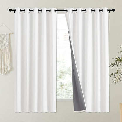 NICETOWN 100% Absolutely Blackout Linen Curtains with Thermal Insulated Liner, Greyish White, 62" Wide, 63" Length Energy Saving Curtains for Kitchen 2 Panels Set, Vertical Blinds