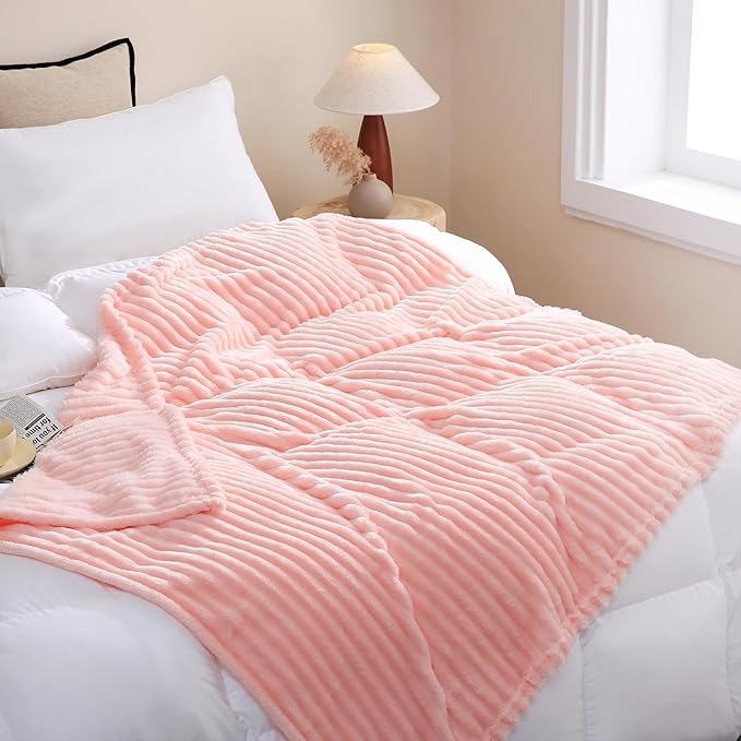 Light Pink Fleece Throw Blanket 108”×90” for Couch Sofa Bed,Super Soft Cozy Plush Microfiber Flannel Blanket with Stripes Design Lightweight for Adults,Woman,Girls