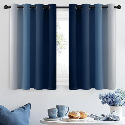 SimpleHome Ombre Room Darkening Curtains 36 inches Length for Bedroom,Grommet Gradient Light Blocking Blue Gradient Window Curtains for Living Room,2 Panels, 52x36 inches