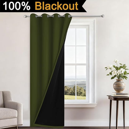 Yakamok 100% Blackout Curtains 84 Inches Long, 2 Thick Layers Heat and Full Light Blocking Soft Thermal Insulated Drapes for Bedroom(52" Wide Each Panel, Olive Green, 1 Panel)