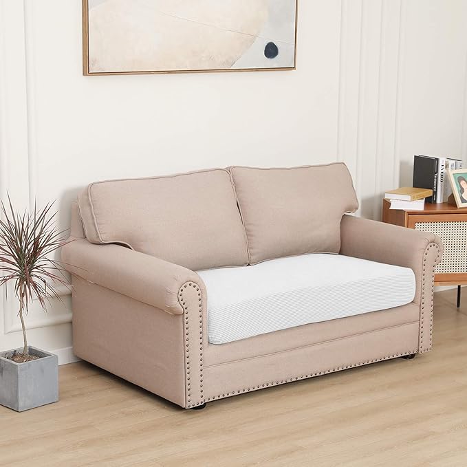 Easy-Going Stretch Loveseat Cushion Cover Sofa Cushion Furniture Protector Sofa Seat Sofa Slipcover Sofa Cover Soft Flexibility with Elastic Bottom(Loveseat Cushion, Snow White)