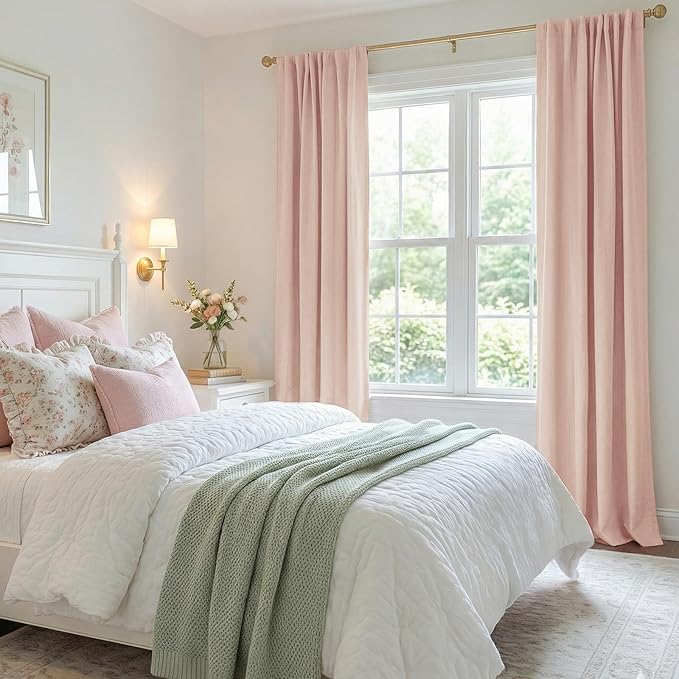 100% Blackout Shield Creamy Peach Linen Blackout Curtains for Bedroom 84 Inches Long, Back Tab/Rod Pocket Living Room Drapes, Thermal Insulated Blackout Curtains 2 Panels Set, 50" W x 84" L