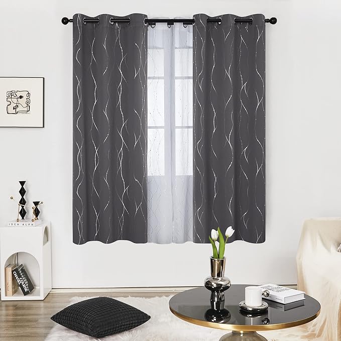 Deconovo Gray Curtains for Living Room, Blackout Drapes, Protect Pravicy Thermal Insulated Soundproof Window Drape, Wave Dots Foil Print, 42 x 72 Inch, Set of 2 Panels for Bedroom Classroom Office