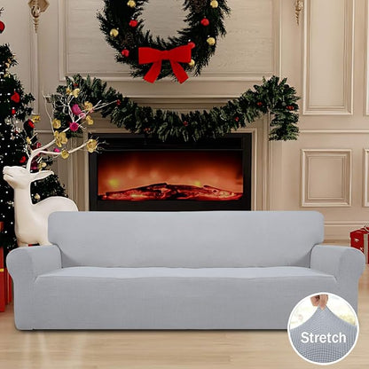 Easy-Going Stretch 4 Seater Sofa Slipcover 1-Piece Sofa Cover Furniture Protector Couch Soft with Elastic Bottom for Kids, Polyester Spandex Jacquard Fabric Small Checks Silver Gray