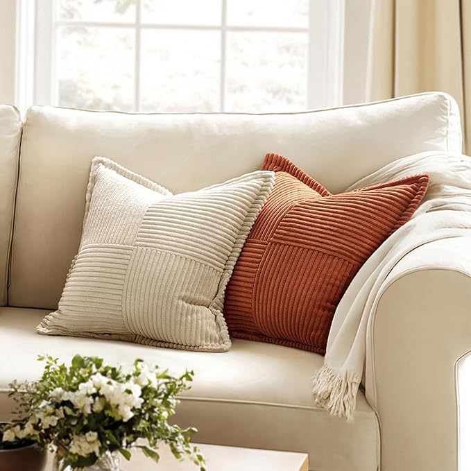 MIULEE Dark Rust Decorative Throw Pillow Covers for Couch Bed Livingroom 18x18 Inch Set of 2 Boho Accent Throw Pllows Broadside Striped Patchwork Soft Corduroy Pillowcases