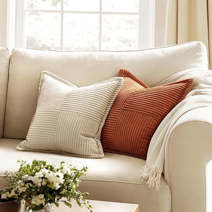 MIULEE Dark Rust Decorative Throw Pillow Covers for Couch Bed Livingroom 20x20 Inch Set of 2 Boho Accent Throw Pllows Broadside Striped Patchwork Soft Corduroy Pillowcases