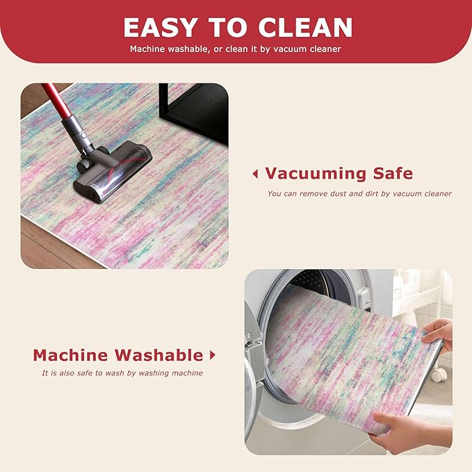 KOZYFLY Modern Abstract Runner Rug 2x6 Multi Pink Runners for Hallways Kitchen Rug Non Slip Washable Carpet Rug Runner Laundry Mat with Soft Low Pile for Entryway Bathroom Bedroom Kitchen
