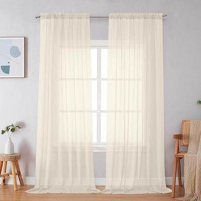 Simplebrand Cream Sheer Curtains 96 Inches Long, Light Filtering Rod Pocket Solid Color Window Sheer Curtain Panels, Elegant Curtains & Drapes for Living Room, Bedroom 2 Panels, 59" W x 96" L