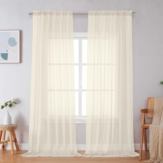 Simplebrand Cream Sheer Curtains 96 Inches Long, Light Filtering Rod Pocket Solid Color Window Sheer Curtain Panels, Elegant Curtains & Drapes for Living Room, Bedroom 2 Panels, 59" W x 96" L