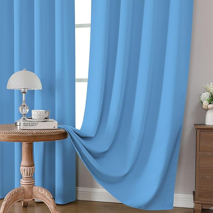 CUCRAF Light Blue Blackout Curtains 54 inch Length 2 Panels Set, Rod Pocket Room Darkening Drapes for Bedroom Living Room, Insulated Thermal Light Blocking Window Curtain (W52 x L54 Inch)