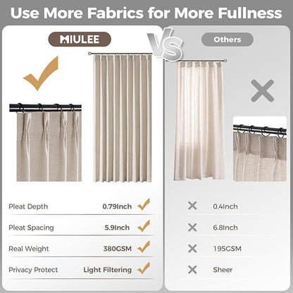 MIULEE Pinch Pleated Thick Linen Curtains 108 Inches Long 2 Panels for Living Room Bedroom, Linen Textured Drapes Pinch Pleat Back Tab Semi Sheer Privacy Neutral Ivory Cream Foor to Ceiling Curtains