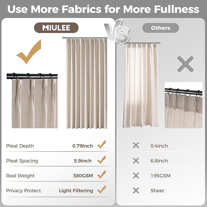 MIULEE Pinch Pleated Thick Linen Curtains 102 Inches Long 2 Panels for Living Room Bedroom, Pinch Pleat Drapes Back Tab Memory Trained Semi Sheer Privacy Neutral Ivory Cream Farmhouse Window Curtains