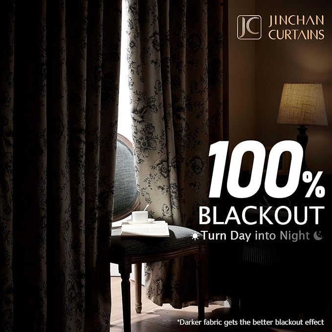 jinchan Blackout Floral Curtains for Living Room Bedroom Linen Blend Curtain Farmhouse Black Printed with Lined Back Tab Rod Pocket Drapes Window Treatments 2 Panels 90 Inch