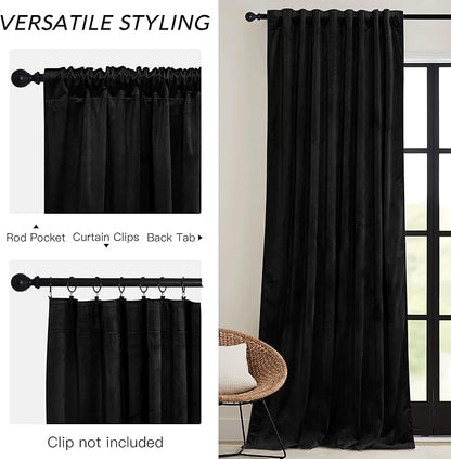 RYB HOME Black Velvet Curtains 84 inch, Blackout Window Curtains with Pleat Tape on Top for Bedroom Thermal Insulated Privacy Room Darkening Drapes for Living Room, W52 x L84 inch, 2 Panels