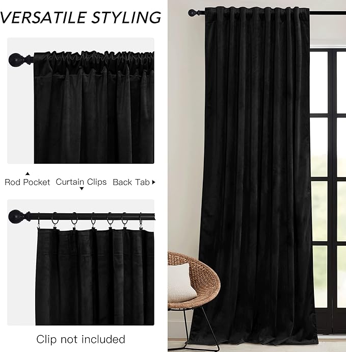 RYB HOME Black Velvet Curtains 96 inch, Blackout Window Curtains with Pleat Tape on Top for Bedroom Thermal Insulated Privacy Drapes for Nursey, W52 x L96 inch, 2 Panels