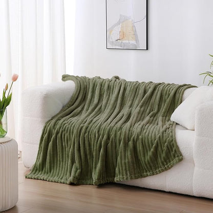 Olive Green Fleece Throw Blanket 90”×90” for Couch Sofa Bed,Super Soft Cozy Plush Microfiber Flannel Blanket with Stripes Design Lightweight for Adults,Woman,Girls