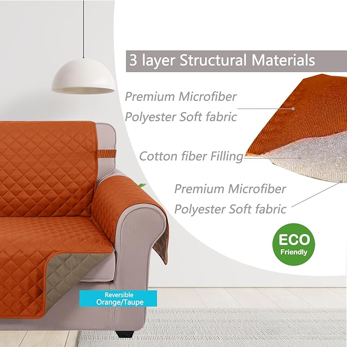 U-NICE HOME Large Sofa Cover Reversible Couch Cover for Dogs with Elastic Straps Water Resistant Furniture Protector for Pets Couch Cover for 4 Cushion Couch (Oversized Sofa, Orange/Taupe)