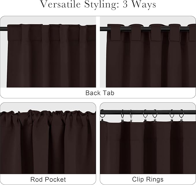 Pony Dance Short Curtains for Bathroom Window, Small Half Drapes for Kitchen Windows, Energy Saving Curtain Tiers for Basement, 29W x 30L, Brown, 2 Pieces