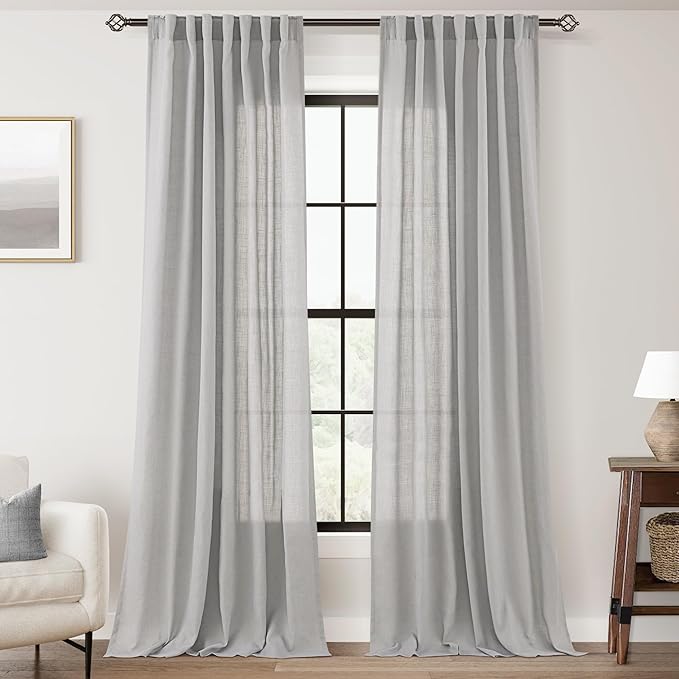 Linen Blend Grey Curtains for Living Room Back Tab Modern Farmhouse Semi Sheer Light Gray Curtains 108 inches Long 2 Panels Set Muted Neutral Cotton Texture Window Curtain for Dining Room Bedroom