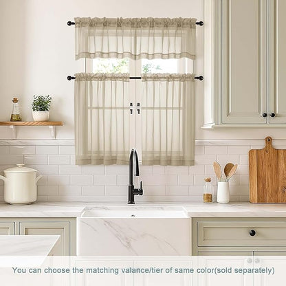 Taupe Small Sheer Curtains 2 Panels Set, Kitchen Curtains 36 Inch Length, Elegant Light Filtering Short Window Drapes for Living Room Bedroom, Dual Rod Pocket Design, 2x42Wx36L Inches