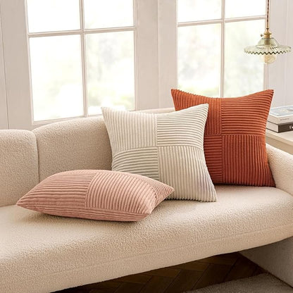 MIULEE Rust Decorative Throw Pillow Covers 16x16 Inch for Couch Bed Sofa Pack of 2 Boho Farmhouse Throw Pillows Soft Cross Corduroy Patchwork Textured Cushion Cases