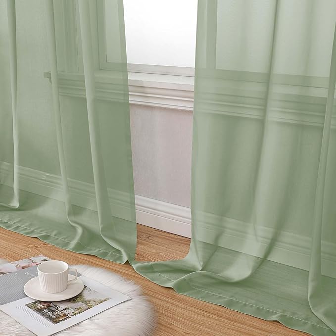 Extra Long Sage Green Sheer Curtains for Bedroom Living Room 120 Inches Long 2 Panels Set, Solid Soft Light Filtering Rod Pocket Sheer Window Curtains, Each 59" Wx120 L Inch