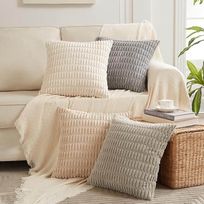 Fancy Homi 4 Packs Boho Cream Decorative Throw Pillow Covers 18x18 Inch for Living Room Couch Bed Sofa, Rustic Modern Farmhouse Home Decor, Soft Plush Corduroy Cute Square Beige Cushion Case 45x45 cm