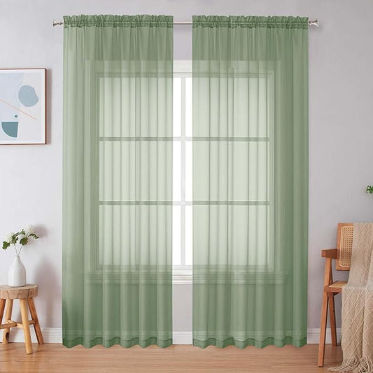 Simplebrand Sage Green Sheer Curtains 84 Inches Long, Light Filtering Rod Pocket Solid Color Window Sheer Curtain Panels, Elegant Curtains & Drapes for Living Room, Bedroom 2 Panels, 59" W x 84" L