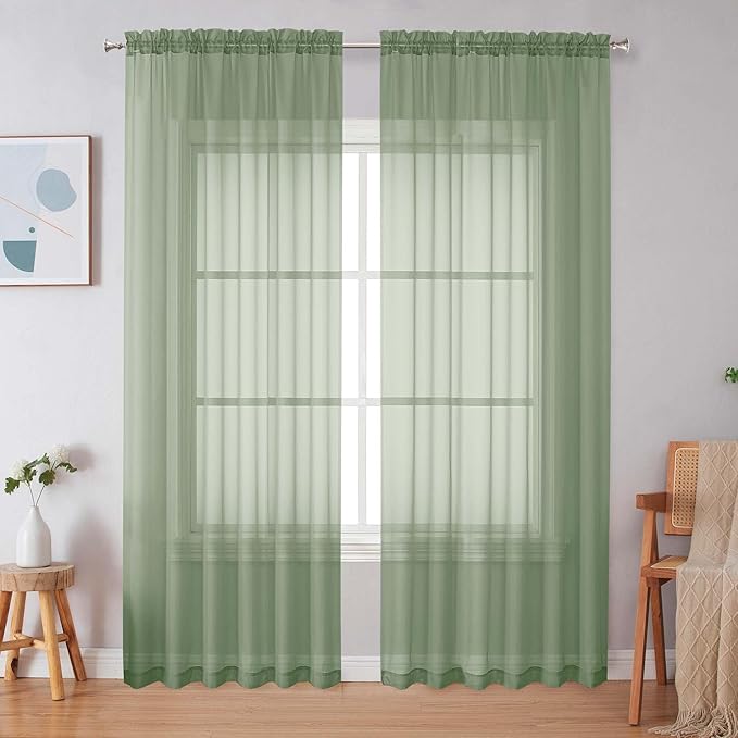 Simplebrand Sage Green Sheer Curtains 90 Inches Long 2 Panels, Light Filtering Rod Pocket Solid Color Window Sheer Curtain Panels, Elegant Curtains & Drapes for Living Room, Bedroom, 59" W x 90" L