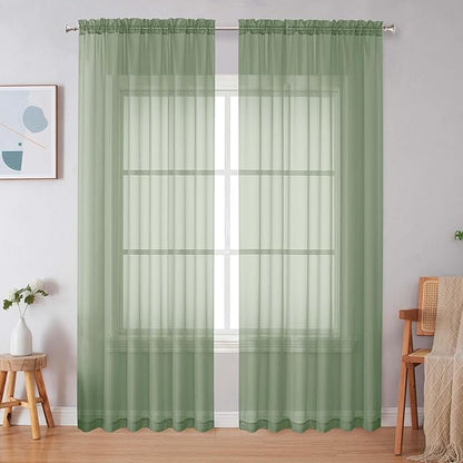 Simplebrand Sage Green Sheer Curtains 90 Inches Long 2 Panels, Light Filtering Rod Pocket Solid Color Window Sheer Curtain Panels, Elegant Curtains & Drapes for Living Room, Bedroom, 59" W x 90" L