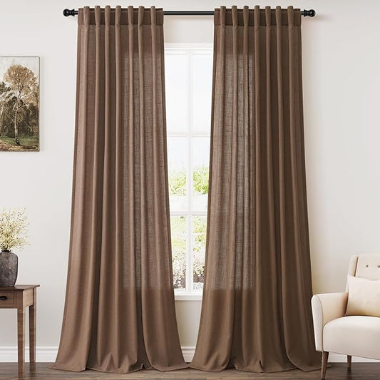 Nanspring Caramel Brown Linen Curtains for Living Room 92 Inches Long Back Tab Light Filtering Semi Sheer Vintage Rustic Curtain Luxury Boho Decor Drapes for Bedroom Office 52x92, 2 Panels