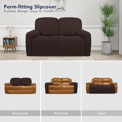 PureFit Super Stretch Loveseat Recliner Sofa Couch Cover with Pocket 2 Seats Non Slip Soft Sofa Slipcover, Washable Reclining Furniture Protector for Pets (Medium, Chocolate)