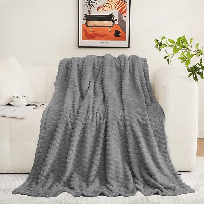 Puncuntex Grey Throw Blanket 60"×80" inches Fuzzy 3D Jacquard Decorative Flannel Fleece Super Soft Plush Cozy Blanket for Couch Sofa Chair Lightweight