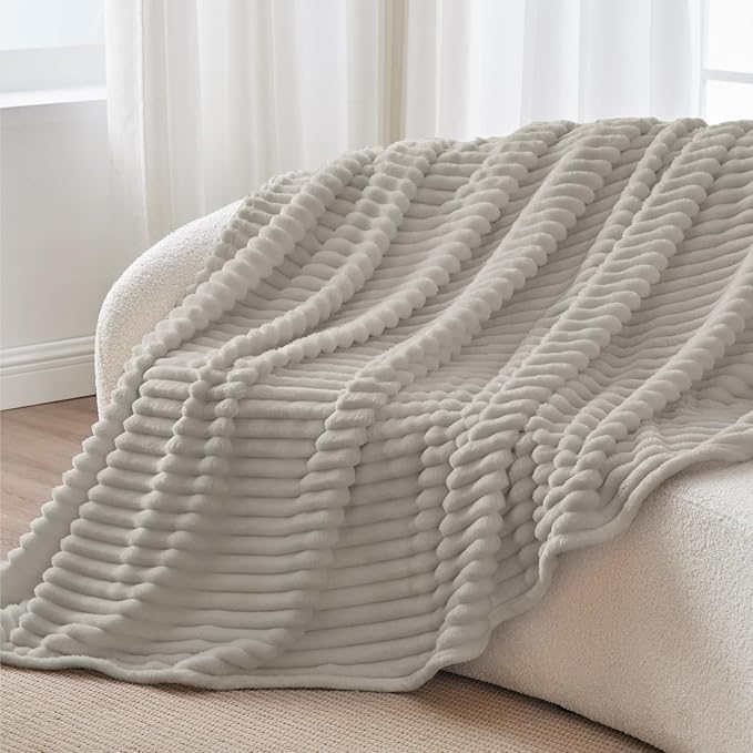 BEDELITE Fleece Throw Blanket for Couch - 300GSM Soft & Warm Fluffy Light Grey Blanket, Decorative and Giftable Striped Blankets for Women, Men, 50"x70"