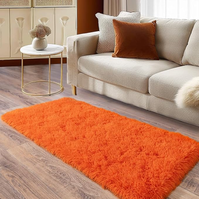 Soft Runner Rugs for Bedroom Hallways, 2x4 Orange Fluffy Shag Throw Area Rug Non Slip for Bedside Dorm, Long Shaggy Furry Carpet for Nursery Living Room