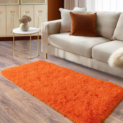 Soft Runner Rugs for Bedroom Hallways, 2x4 Orange Fluffy Shag Throw Area Rug Non Slip for Bedside Dorm, Long Shaggy Furry Carpet for Nursery Living Room